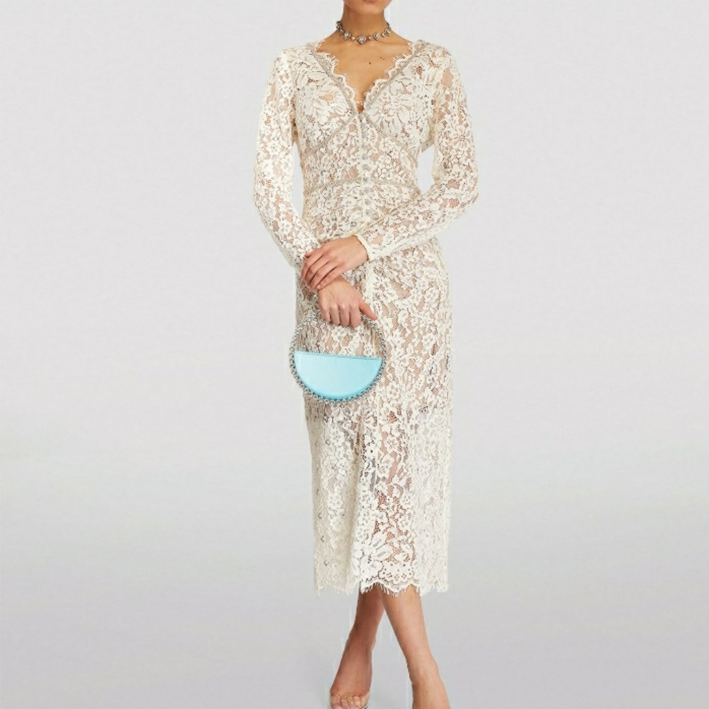 Self-Portrait Cream Lace Long-Sleeve Midi Dress